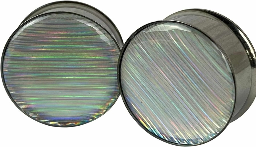 Mystic Metals Body Jewelry Mystic Metals Body Jewelry Pair Of Silver Holographic Ribbon Double Flare Resin Plugs (Mto-072) Body Piercing Plugs