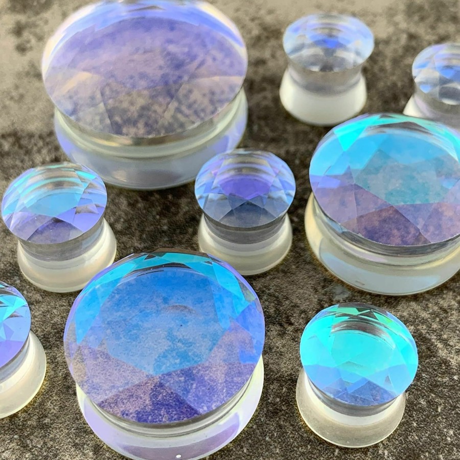 Mystic Metals Body Jewelry Pair Of Aurora Borealis Iridescent Faceted Double Flare Glass Plugs (Pg-553) Body Piercing Plugs