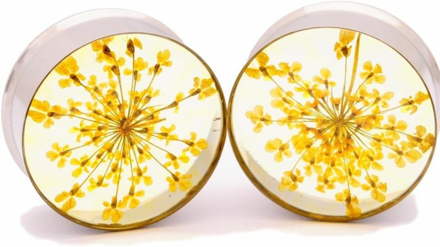 Mystic Metals Body Jewelry Mystic Metals Body Jewelry Embedded Real Yellow Queen Anne'S Lace Flower Plugs - Sold As A Pair Body Piercing Plugs