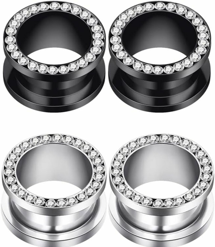 Longbeauty Longbeauty 2Pcs/4Pcs Black And Silver Stainless Steel With Zircon Ear Tunnels Expander Plugs Stretcher 8G-9/16 Body Piercing Plugs