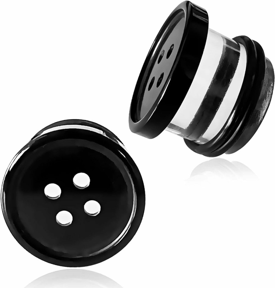 AntDear Antdear 2Pcs Acrylic Plug Gauges For Ears Women Men Black White Button Plug Earrings, Single Flared Saddle Stretching Gauge Tunnels Expanders, Four Hole Button Piercing Plugs With Rubber O-Rings 8G To 1 Inch Body Piercing Plugs