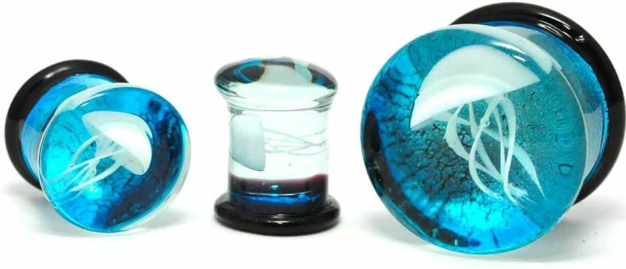 Mystic Metals Body Jewelry Pair Of Blue Glass With White Jelly Fish Double Flare Plugs (Pg-588) Body Piercing Plugs