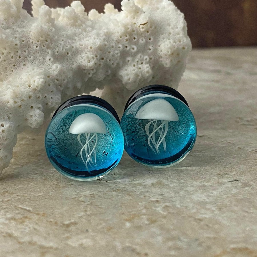 Mystic Metals Body Jewelry Pair Of Blue Glass With White Jelly Fish Double Flare Plugs (Pg-588) Body Piercing Plugs