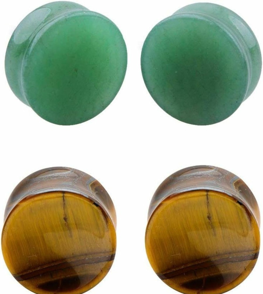 Kokoma Kokoma 2Pairs Tiger Eyes & Green Jade Ear Plugs Natural Stone Gauges Tunnel Expanders Double Flared Body Piercings Body Piercing Plugs