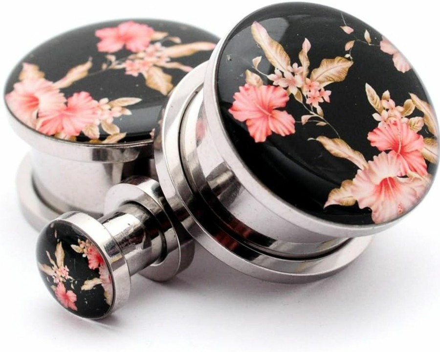 Mystic Metals Body Jewelry Mystic Metals Body Jewelry Screw On Plugs - Vintage Floral Style 5 Picture Plugs - Sold As A Pair Body Piercing Plugs