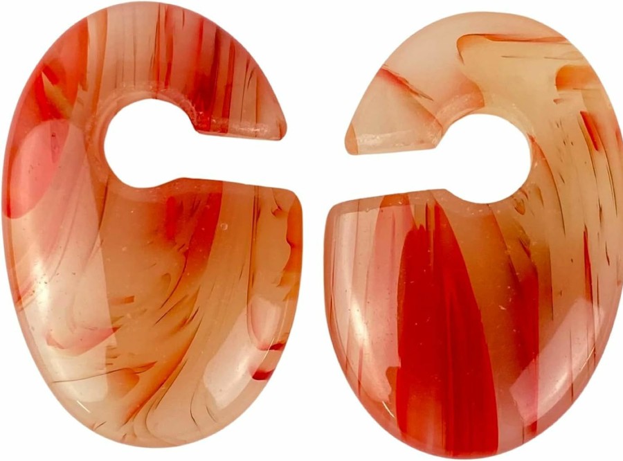 Generic Pair Of Red Line Agate Stone Oval Ear Weight (Stn-697) For Lobes 00G And Up, Red And Orange Body Piercing Plugs