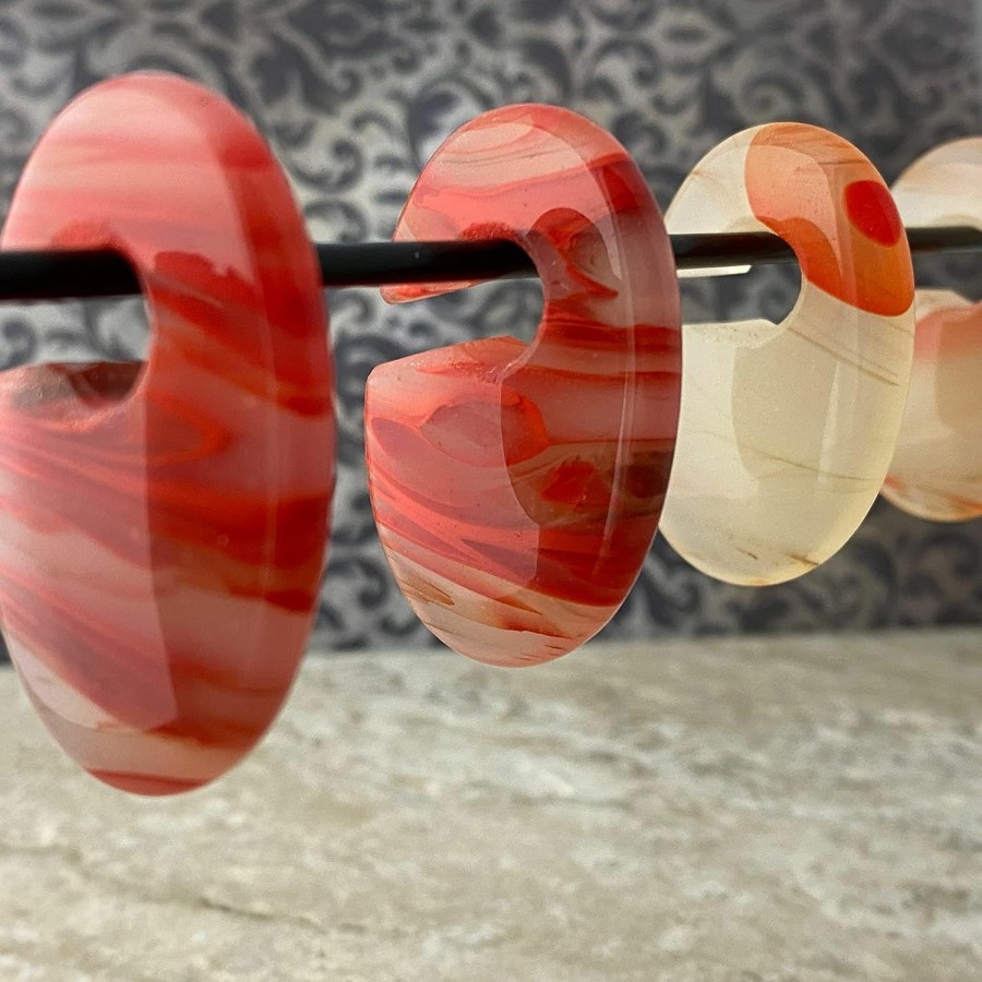 Generic Pair Of Red Line Agate Stone Oval Ear Weight (Stn-697) For Lobes 00G And Up, Red And Orange Body Piercing Plugs