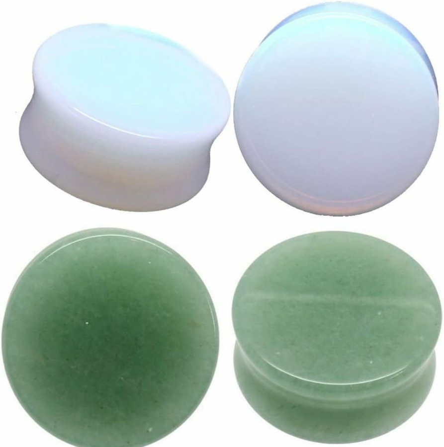 So Scene Soscene Ear Gauges Ear Plugs Combo 2 Pairs Total Solid Green Aventurine & Solid Opalite 4 Pieces Body Piercing Plugs