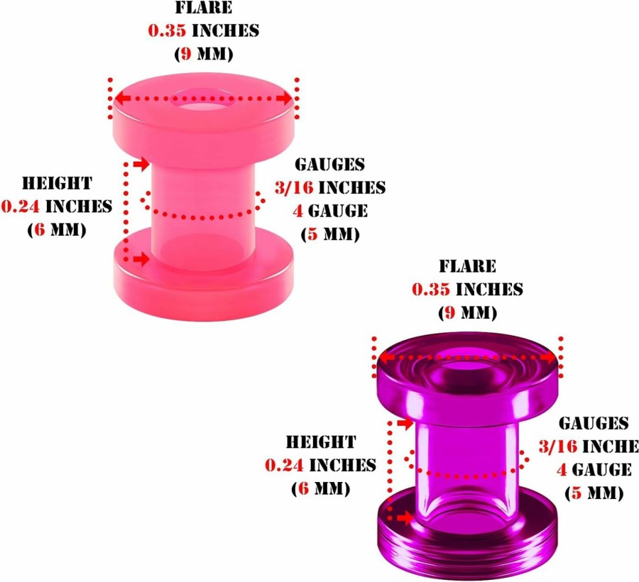 BIG GAUGES Big Gauges 2 Pairs Pink Acrylic Purple External Screw Flesh Tunnels Piercing Jewelry Stretcher Ear Earring Lobe Plugs Body Piercing Plugs