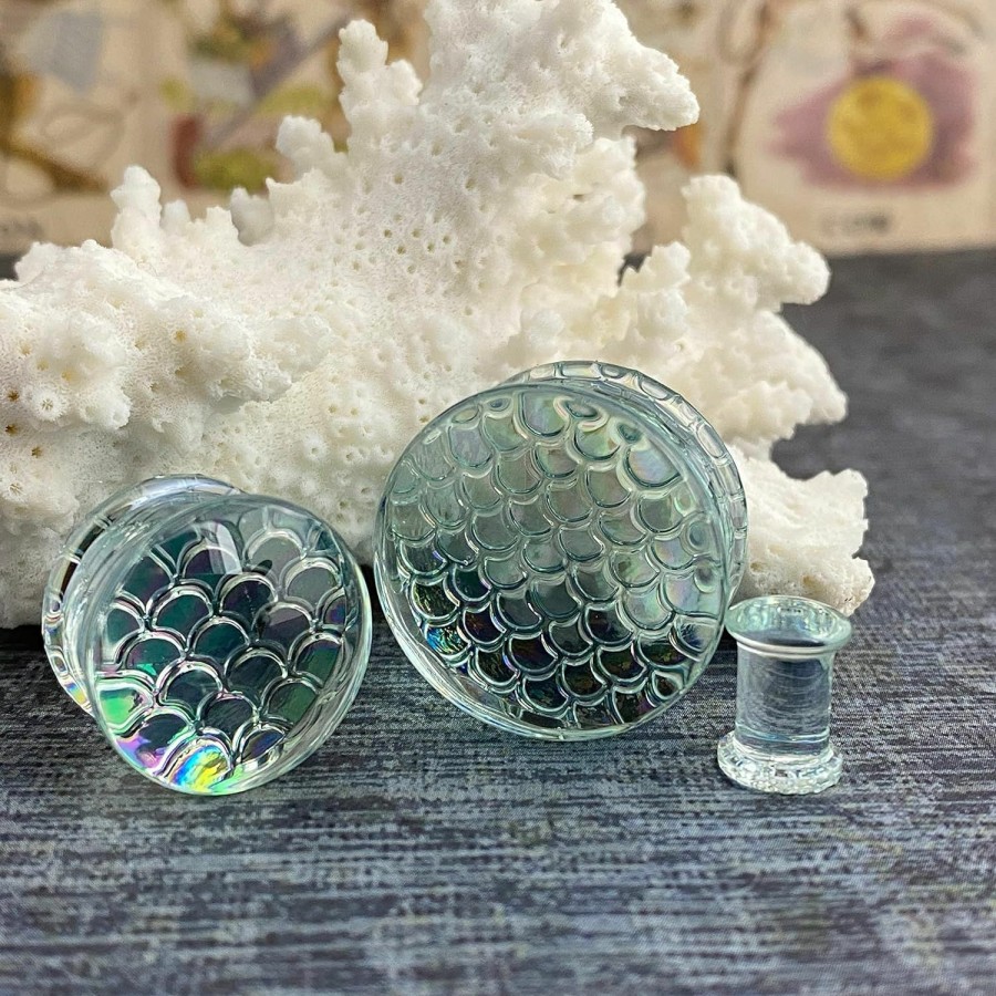 Mystic Metals Body Jewelry Pair Of Iridescent Mermaid Glass Double Flare Plugs (Pg-578) Body Piercing Plugs