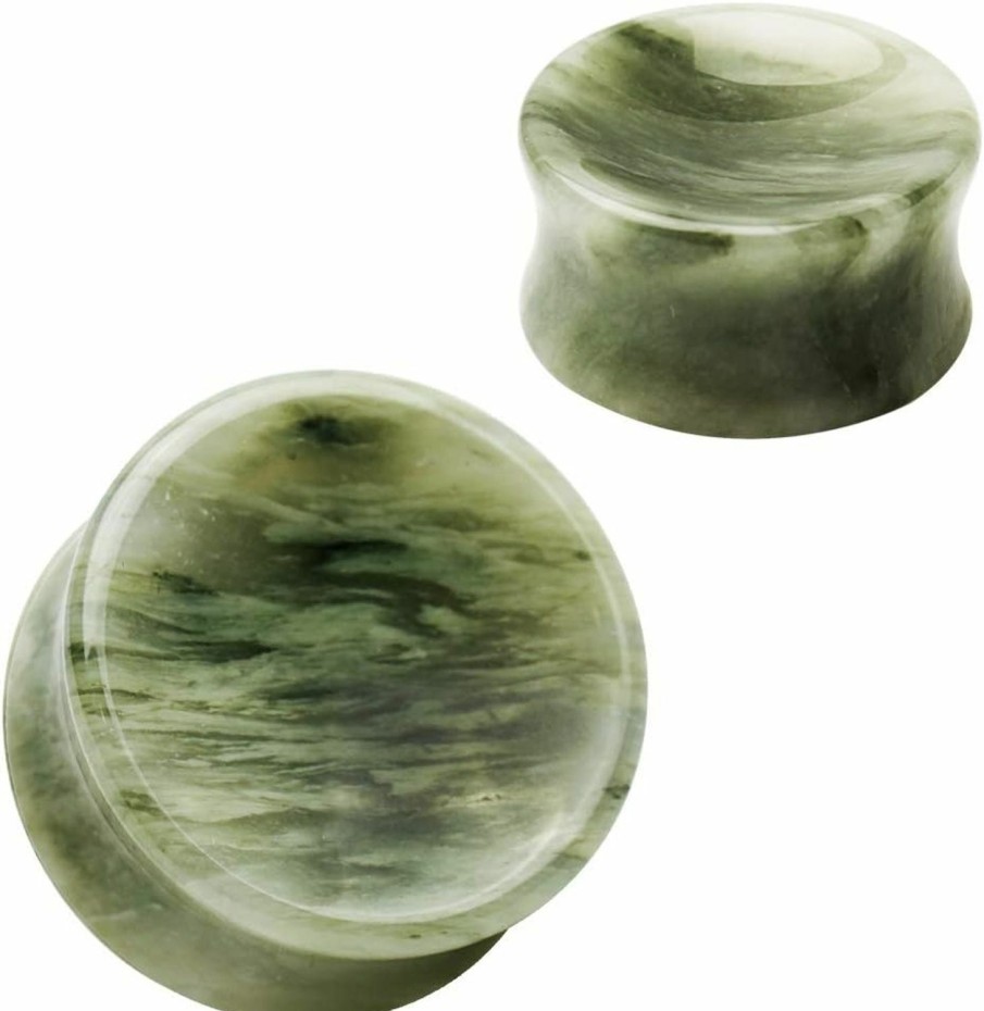 Pierced Owl Pierced Owl - Natural Green Line Jasper Concave Stone Saddle Plugs, Sold As A Pair Body Piercing Plugs