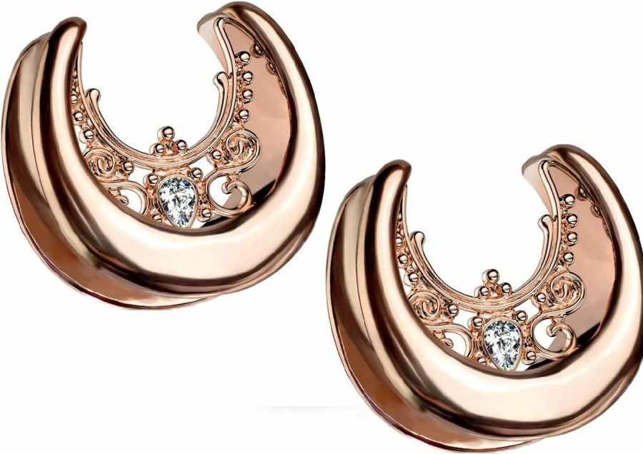 Pierced Owl Pierced Owl - Rose Gold Tone Floral Filigree Crystal Center Saddle Spreader Ear Gauges In 316L Stainless Steel, Sold As A Pair Body Piercing Plugs