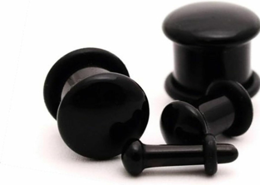 Mystic Metals Body Jewelry Mystic Metals Body Jewelry Single Flare Black Agate Stone Plugs - 6G - 4Mm - Sold As A Pair Body Piercing Plugs