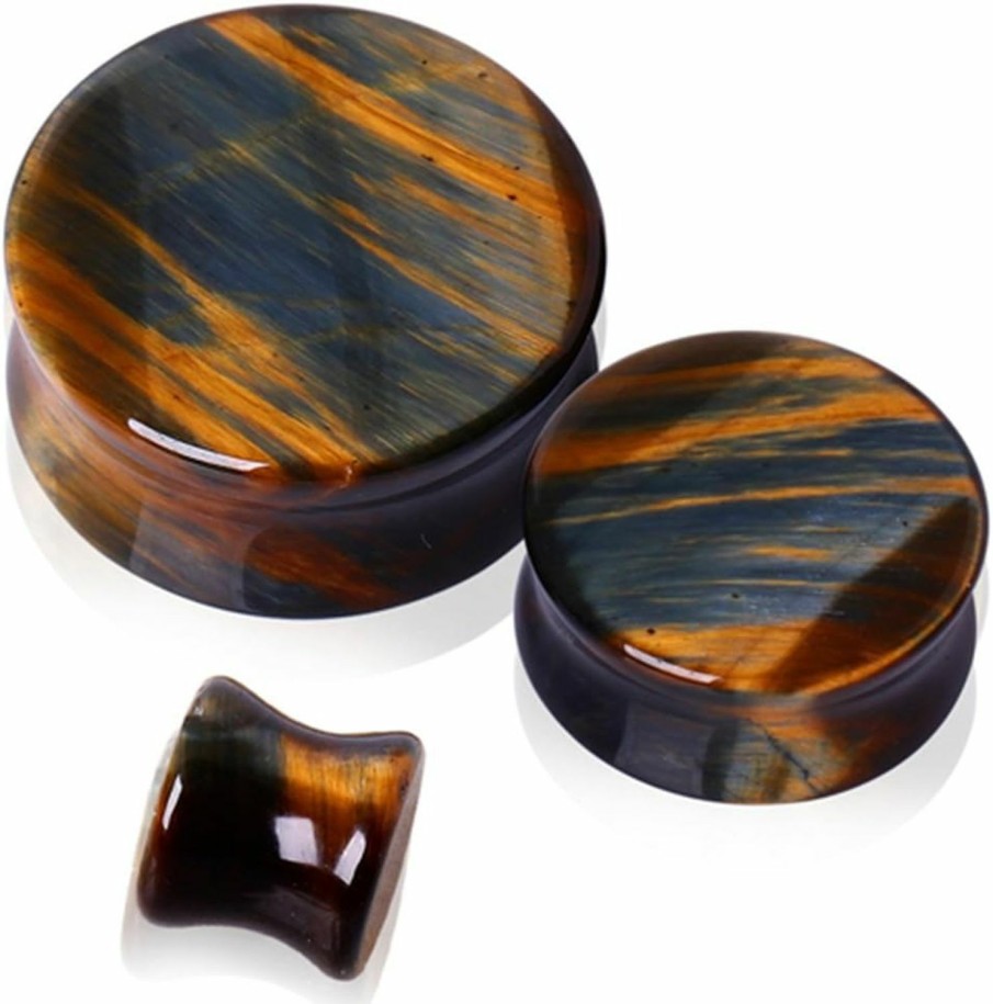 Blue Palm Jewelry - Plugs Pair Of Natural Blue Tiger Eye Stone Saddle Plug Double Flare Ear Lobe Plugs Body Piercing Plugs