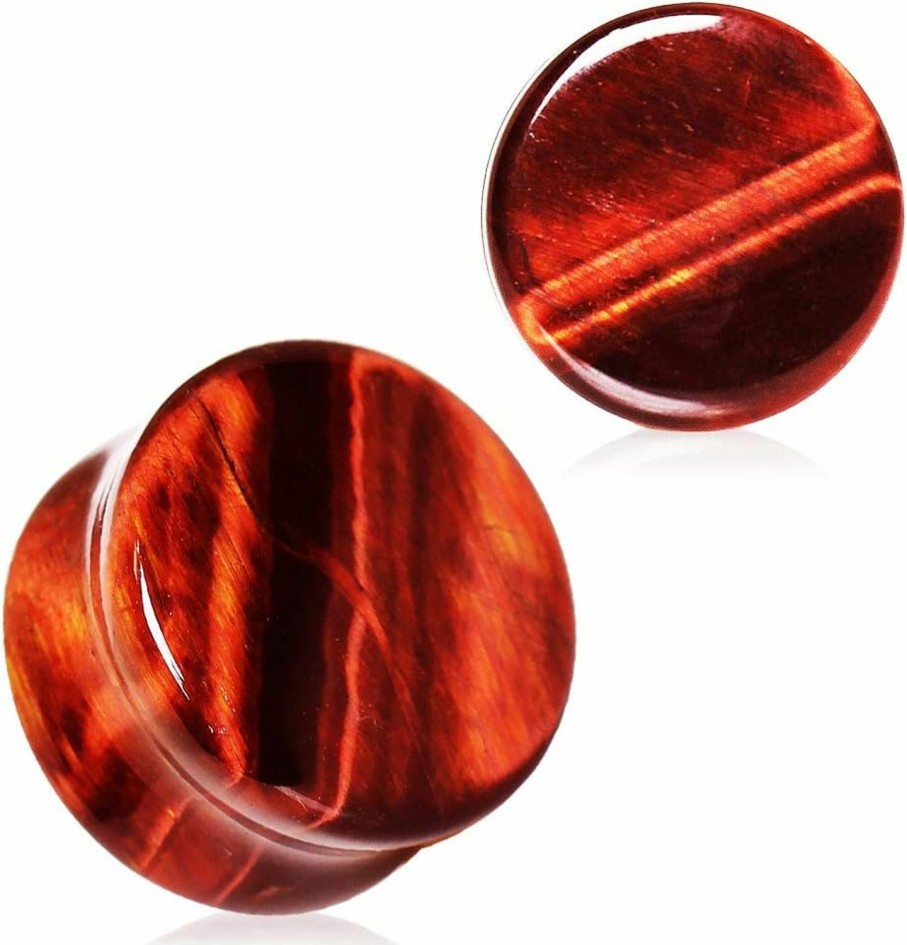 blue palm jewelry Blue Palm Jewelry Pair Of Natural Red Tiger Eye Stone Saddle Plug Double Flare Ear Lobe Plugs E549 Body Piercing Plugs