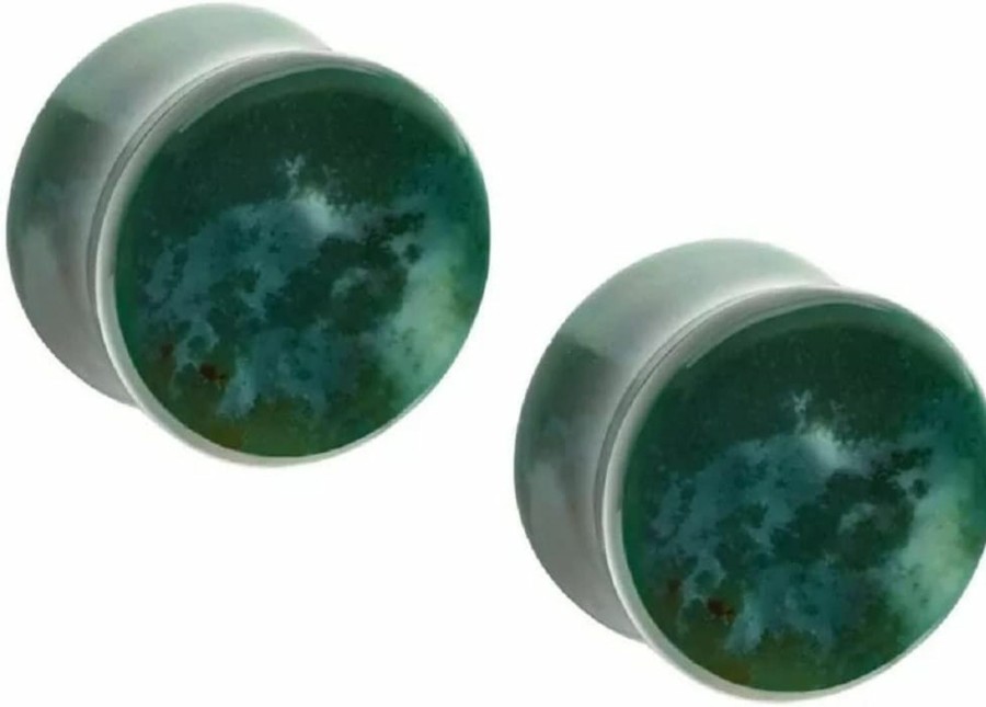 Pierced Owl Pierced Owl Green Indian Agate Stone Concave Double Flared Plug Gauges, Sold As A Pair Body Piercing Plugs