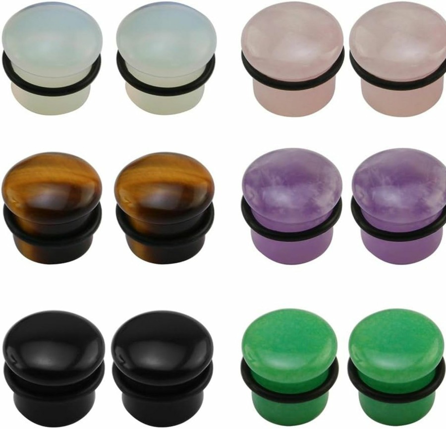 ZS Zs 6 Pairs Mixed Stone Single Flare Ear Plugs Gauges Tunnels Expander With Silicone O-Ring Body Piercing Plugs