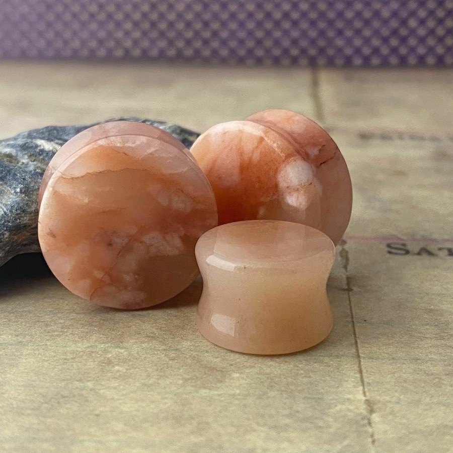 Generic Pair Of Peach Morganite Stone Double Flare Plugs (Stn-716) Body Piercing Plugs