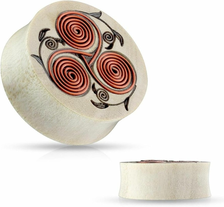 Dynamique Dynamique Pair Of Natural Crocodile Wood Saddle Plugs With Tribal Floral Design With Copper Wires Body Piercing Plugs