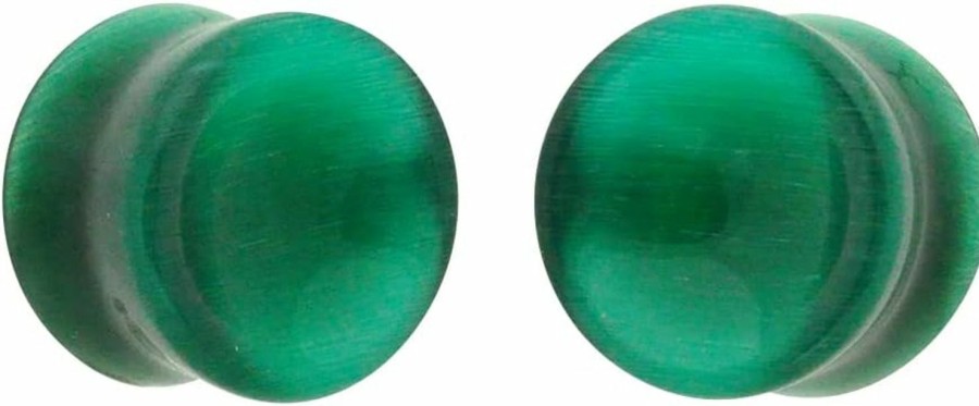 Mystic Metals Body Jewelry Mystic Metals Body Jewelry Pair Of Emerald Green Cat Eye Stone Double Flare Concave Plugs (Stn-671) Body Piercing Plugs