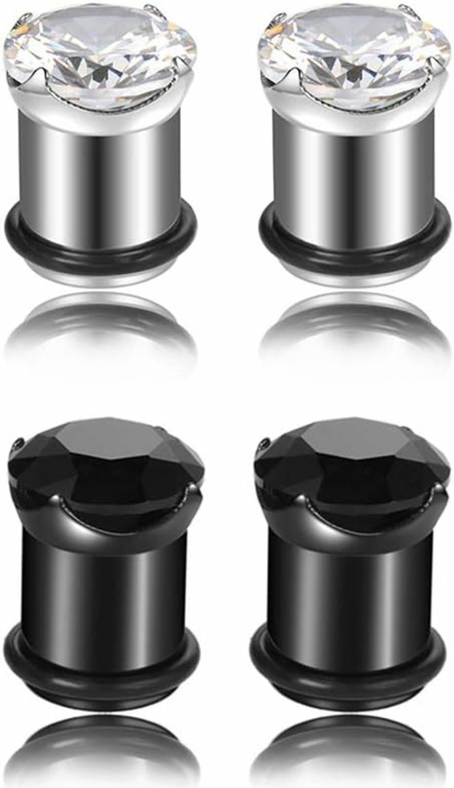 NewZenro Newzenro Cz Prong Set Single Flare 316L Surgical Stainless Steel Ear Plugs Gauges Earrings Tunnels Stretcher Expander Piercing With O-Ring Body Jewelry Clear Black Cubic Zirconia Set Gifts Body Piercing Plugs