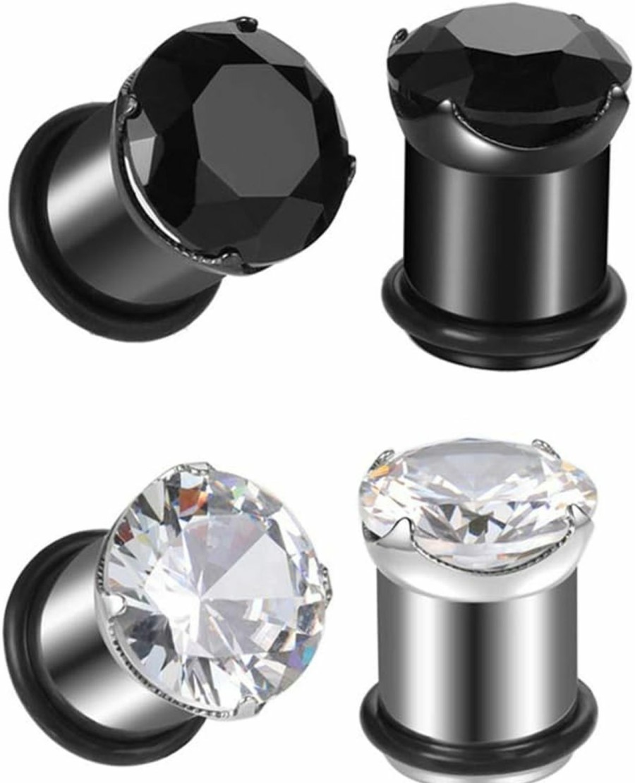 NewZenro Newzenro Cz Prong Set Single Flare 316L Surgical Stainless Steel Ear Plugs Gauges Earrings Tunnels Stretcher Expander Piercing With O-Ring Body Jewelry Clear Black Cubic Zirconia Set Gifts Body Piercing Plugs