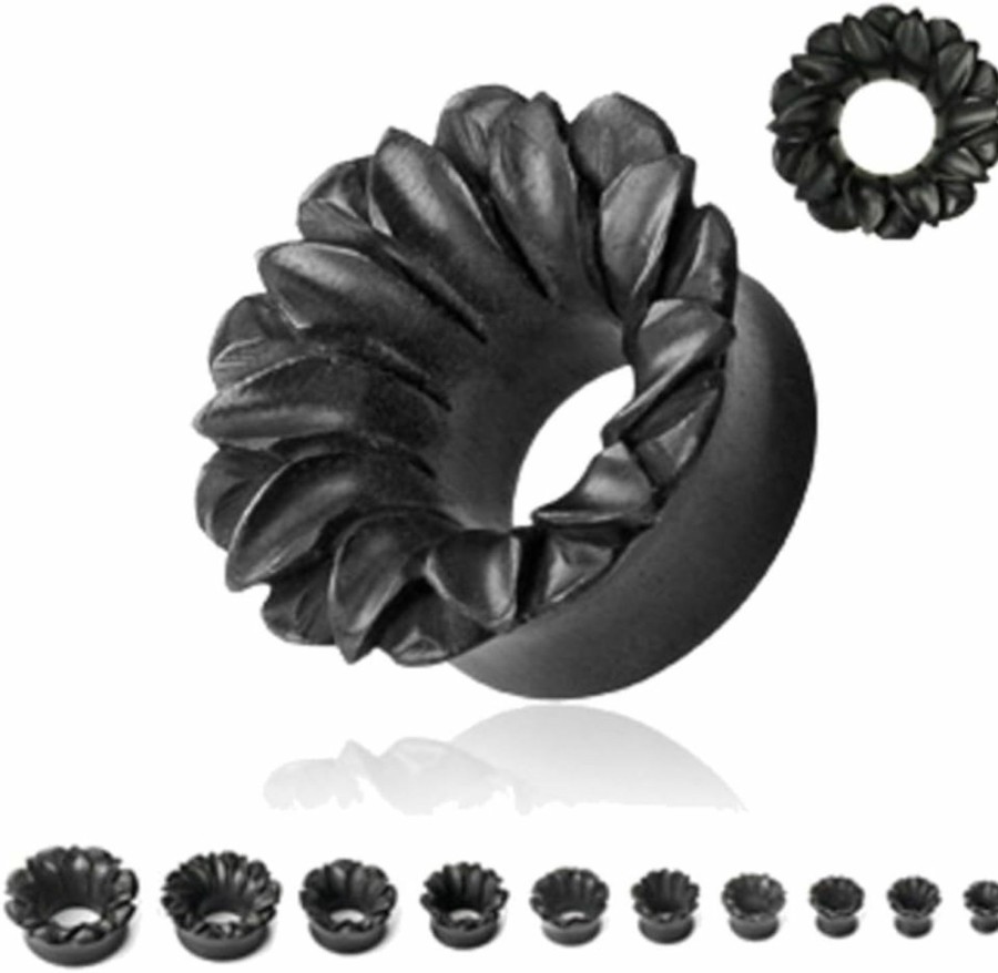 Zaya Body Jewelry Zaya Body Jewelry Pair Of Organic Black Wood Hand Carved Lotus Flower Ear Plugs Gauges 2G 0G 00G 7/16 1/2 9/16 5/8 3/4 7/8 1 Inch Body Piercing Plugs