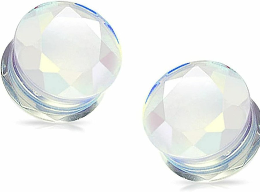 Generic Pair 0G (8Mm) Faceted Opalite Stone Plugs Double Flare Gauges Organic Moonstone White Clear Tunnels (2Pcs) Body Piercing Plugs