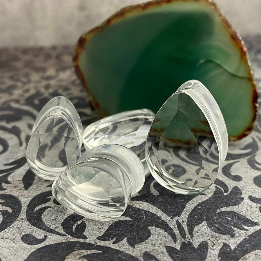 Mystic Metals Body Jewelry Pair Of Faceted Clear Glass Teardrop Plugs (Pg-576) Body Piercing Plugs