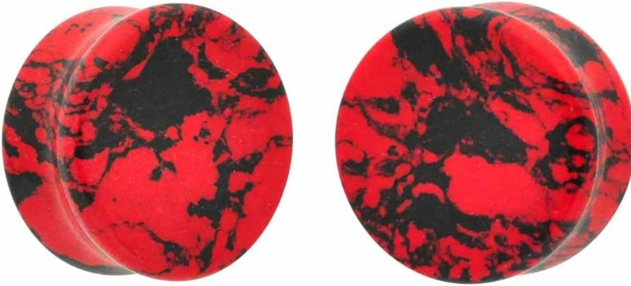 Mystic Metals Body Jewelry Pair Of Synthetic Red And Black Howlite Double Flare Plugs (Stn-656) (26Mm) Body Piercing Plugs