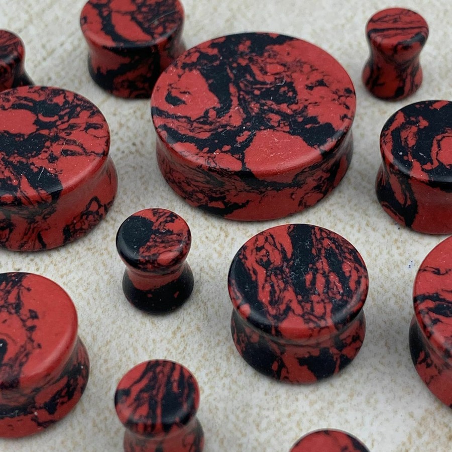 Mystic Metals Body Jewelry Pair Of Synthetic Red And Black Howlite Double Flare Plugs (Stn-656) (26Mm) Body Piercing Plugs