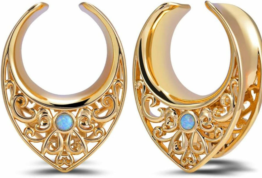 PUNKYOUTH 2Pcs Opening Saddle Plugs Opal Ear Gauges Tunnels For Sretcher Expander Ears Elegant Floral Double Flared Piercing Earrings For Women 0G-1" Body Piercing Plugs