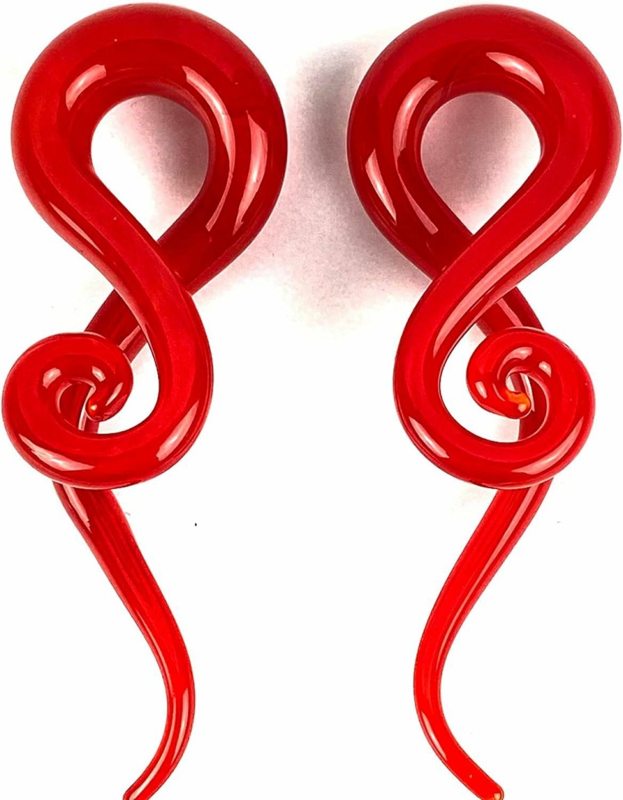 Mystic Metals Body Jewelry Mystic Metals Body Jewelry Pair Of Red Glass Curled Wave Hanger Plugs (Pg-605) For Stretched Ears (00G (10Mm)) Body Piercing Plugs