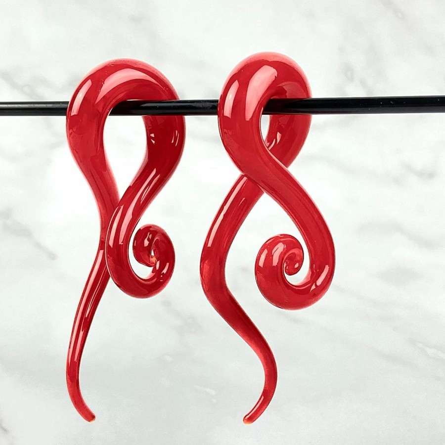 Mystic Metals Body Jewelry Mystic Metals Body Jewelry Pair Of Red Glass Curled Wave Hanger Plugs (Pg-605) For Stretched Ears (00G (10Mm)) Body Piercing Plugs