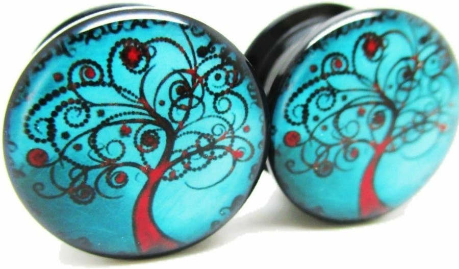 Pierced Republic Pierced Republic Blue & Red Tree Of Life Ear Plugs - Acrylic - Screw On - New *Pair* - 8 Sizes Body Piercing Plugs