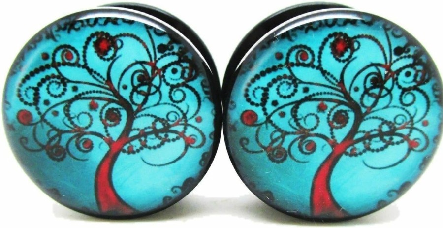 Pierced Republic Pierced Republic Blue & Red Tree Of Life Ear Plugs - Acrylic - Screw On - New *Pair* - 8 Sizes Body Piercing Plugs