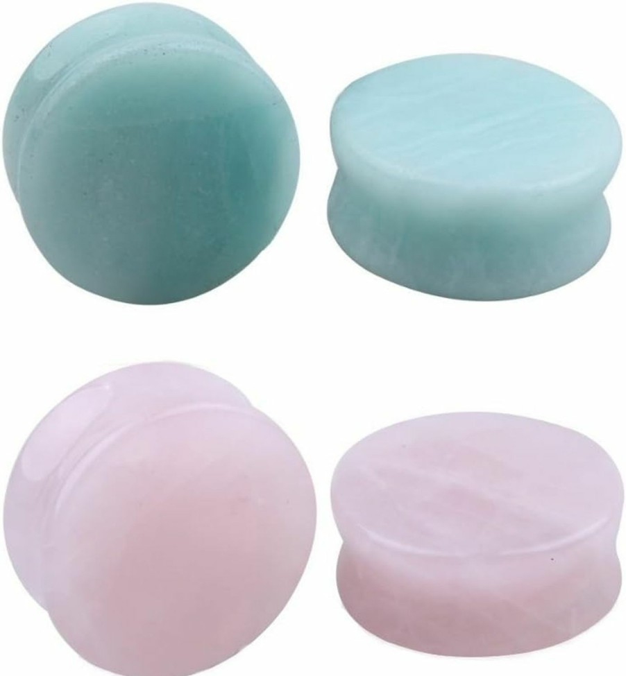 NewZenro Newzenro 2Pairs Rose Quartz Aventurine Natural Organic Stone Ear Plugs Gauges Tunnel Expanders Stretcher Double Flared Amazonite Flesh Piercings Body Jewelry Set Body Piercing Plugs