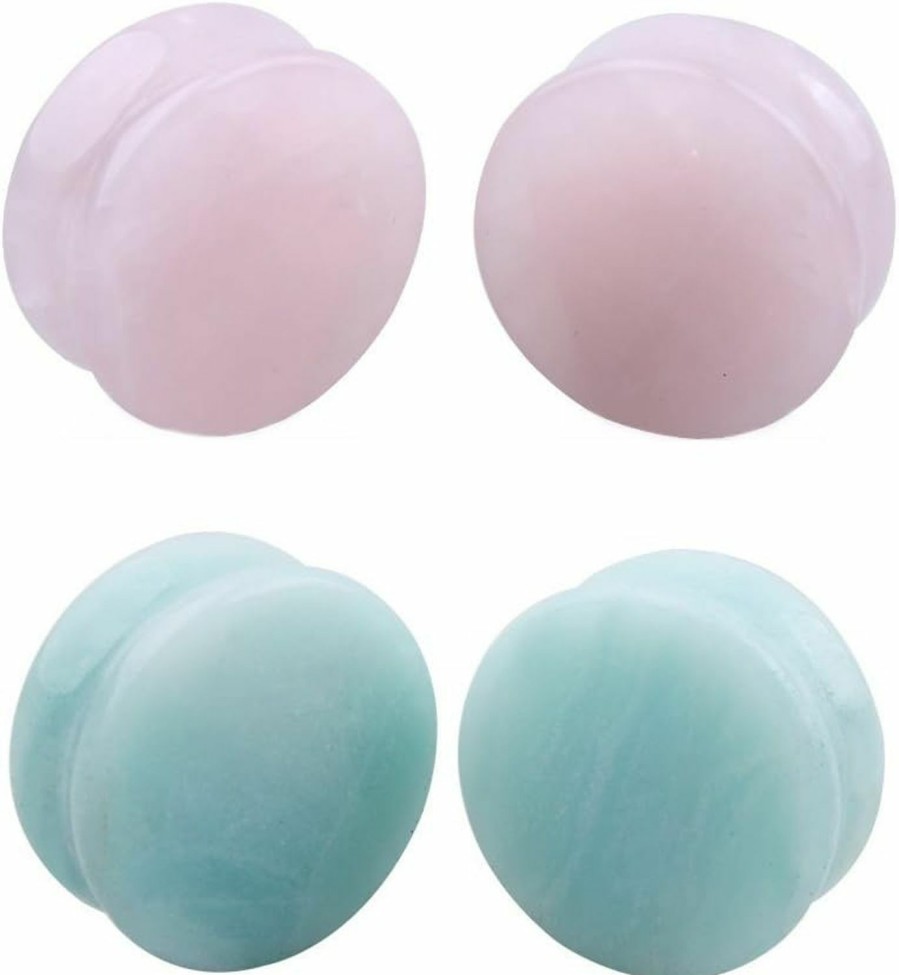 NewZenro Newzenro 2Pairs Rose Quartz Aventurine Natural Organic Stone Ear Plugs Gauges Tunnel Expanders Stretcher Double Flared Amazonite Flesh Piercings Body Jewelry Set Body Piercing Plugs