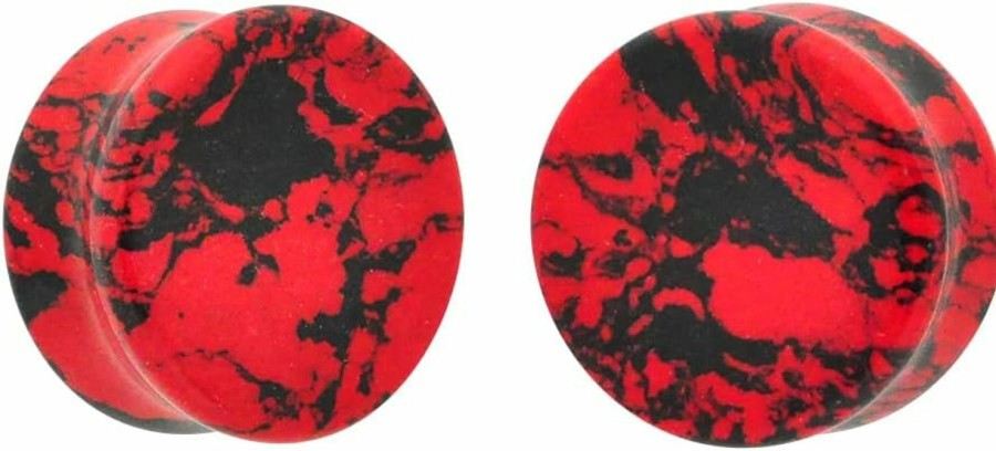 Mystic Metals Body Jewelry Pair Of Synthetic Red And Black Howlite Double Flare Plugs (Stn-656) (7/8\" (22Mm)) Body Piercing Plugs