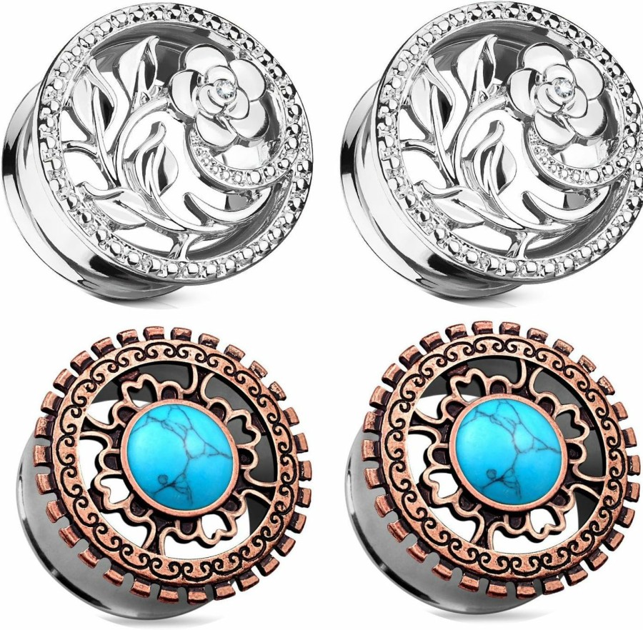 Zaya Body Jewelry Zaya Body Jewelry 2 Pairs Of Double Flared Surgical Steel Vines Flower And Antique Bronze Plated Turquoise Gauges Ear Plugs 2G 0G 00G 1/2 Body Piercing Plugs