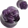 Dynamique Dynamique Pair Of Amethyst Semi Precious Stone Rose Carved On Single Side Double Flared Plugs Body Piercing Plugs