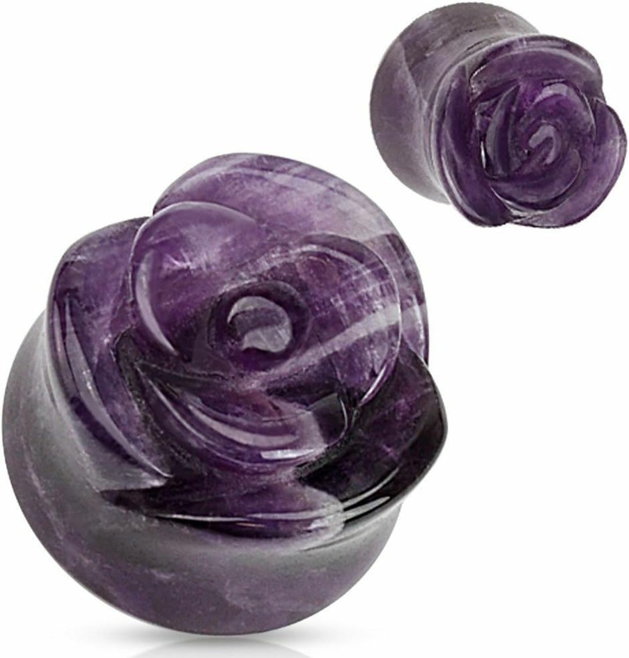 Dynamique Dynamique Pair Of Amethyst Semi Precious Stone Rose Carved On Single Side Double Flared Plugs Body Piercing Plugs