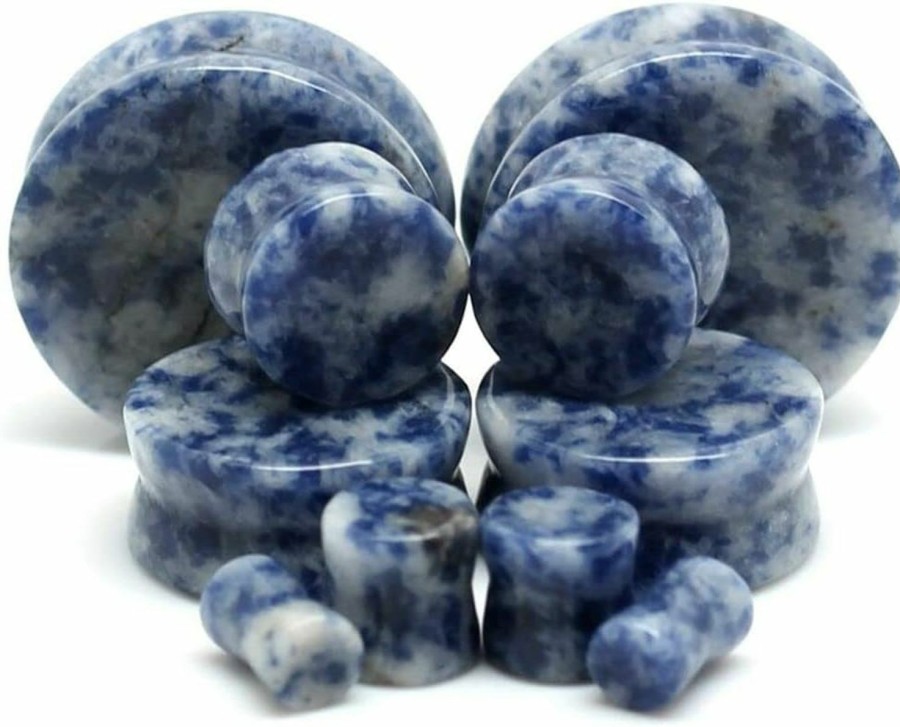 Generic Pair 5/8\" (16Mm) Blue Spot Jasper Stone Plugs Double Flare Gauges Organic White Tunnels (2Pcs) Body Piercing Plugs