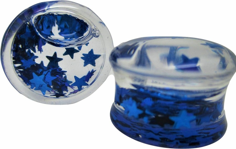 Pierced Republic Pierced Republic Blue Star Glitter Liquid Filled Ear Plugs - Double Flared - 6 Sizes - Pair Body Piercing Plugs