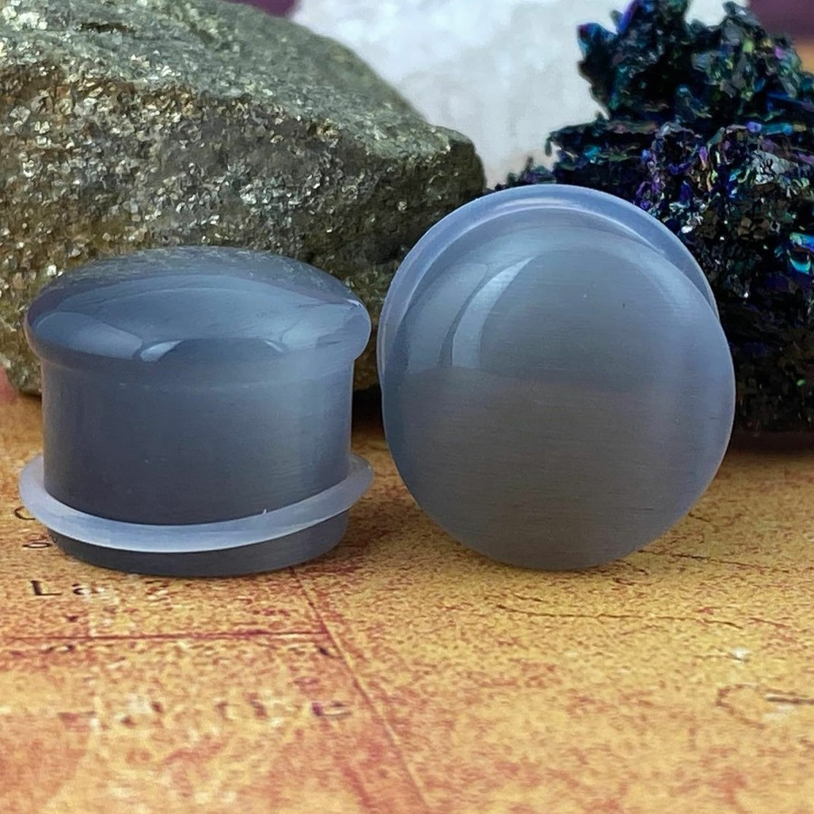 Mystic Metals Body Jewelry Pair Of Grey Cat Eye Single Flare Plugs (Stn-744) Body Piercing Plugs