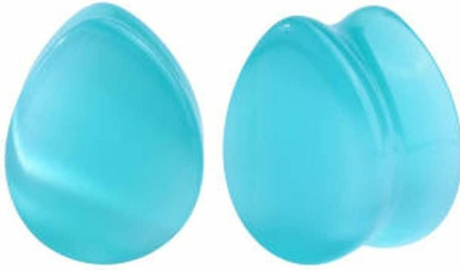 blue palm jewelry Pair Of Aqua Blue Cat Eyes Stone Double Flare Teardrop Ear Plugs Expander Gauges 2Ga - 1 Inch E607 Body Piercing Plugs