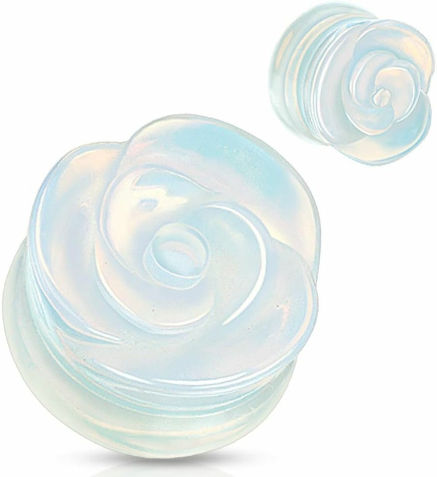 Dynamique Dynamique Pair Of Opalite Semi Precious Stone Rose Carved On Single Side Double Flared Plugs Body Piercing Plugs