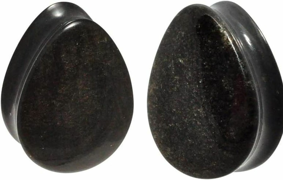 Mystic Metals Body Jewelry Mystic Metals Body Jewelry Pair Of Golden Obsidian Convex Teardrop Double Flare Plugs (Stn-647) Body Piercing Plugs