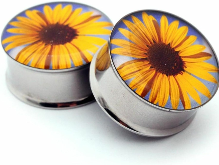 Mystic Metals Body Jewelry Mystic Metals Body Jewelry Double Flare Sunflower Picture Plugs - Sold As A Pair Body Piercing Plugs