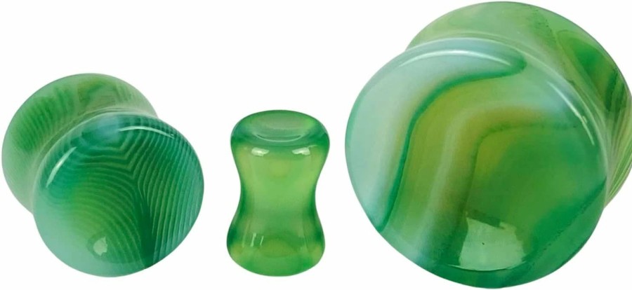 Mystic Metals Body Jewelry Mystic Metals Body Jewelry Pair Of Green Line Agate Stone Concave Double Flare Plugs (Stn-731) Body Piercing Plugs